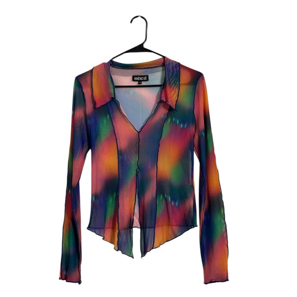Mixed by Nasrin Multi Color Abstract Mesh Long Sleeve Sheer Top Women's Size M